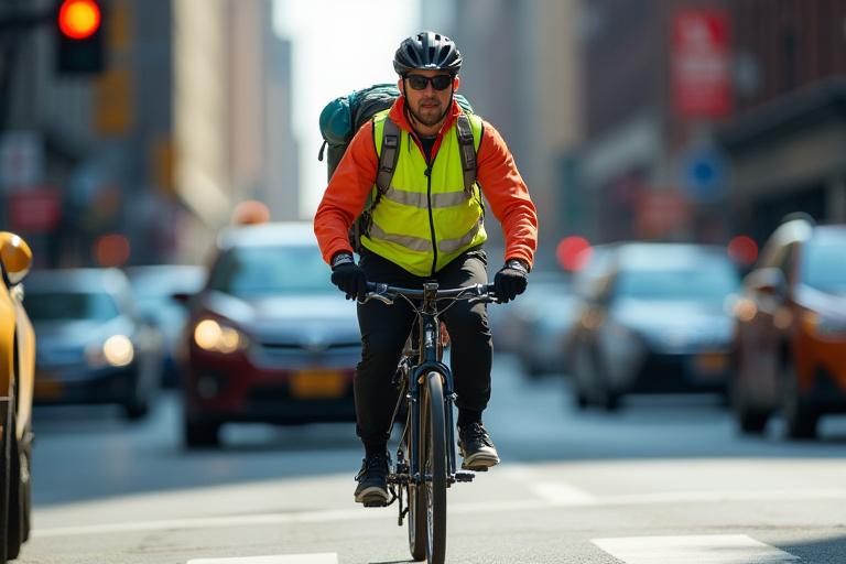 Fast bike courier weaving through New York traffic
